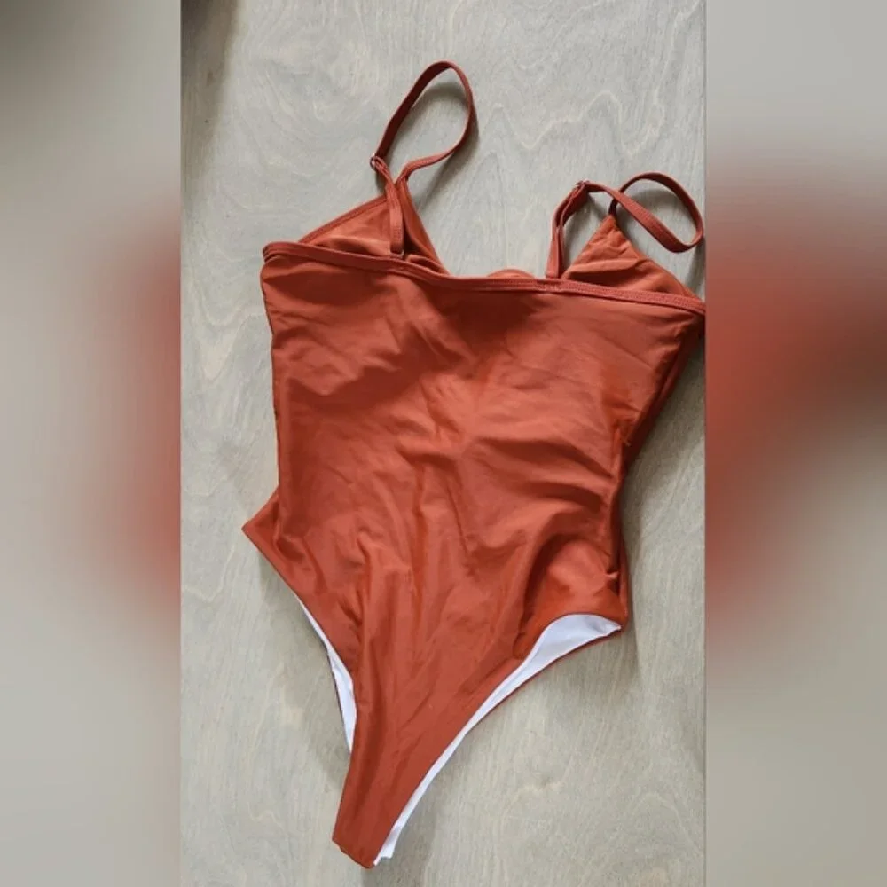 Rust Sm‎ One-Piece Swimsuit Tie Up Exposed Midriff